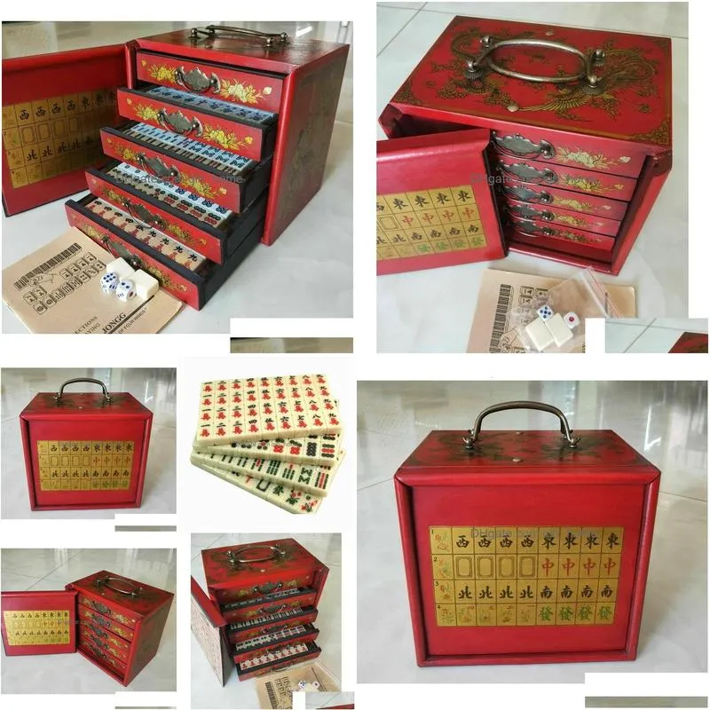 decorative objects figurines portable retro mahjong 144 tiles game mah-jong set in wood 5 drawer draw box 230804