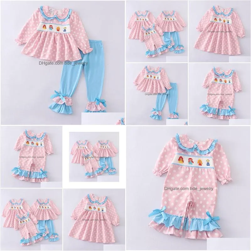 family matching outfits girls fall winter embroidered polka dots sibling pink smocked dress set romper 230322