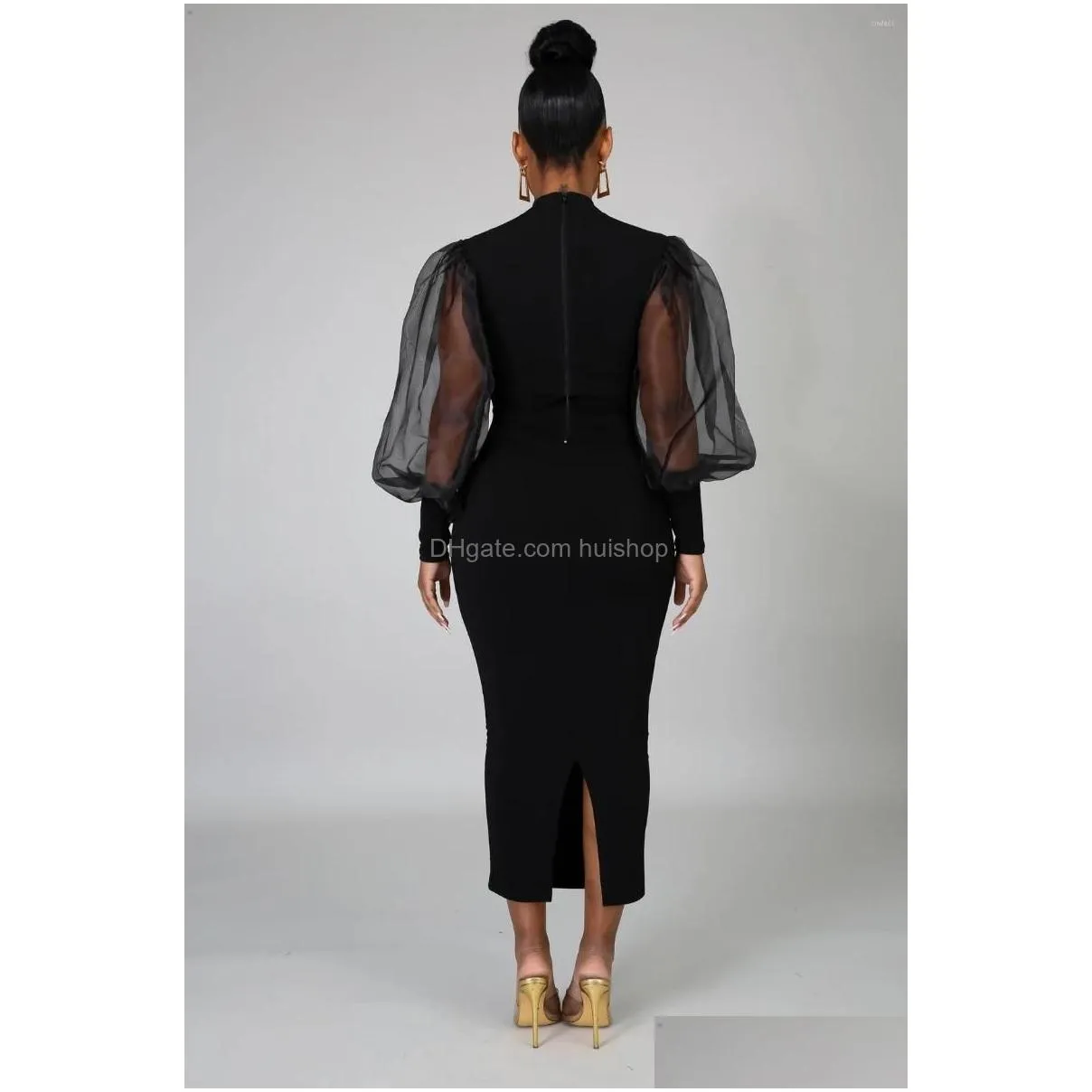 casual dresses puff long sleeve bodycon midi dress women high neck sexy clubwear split pencil black slim womens party 2023 robe