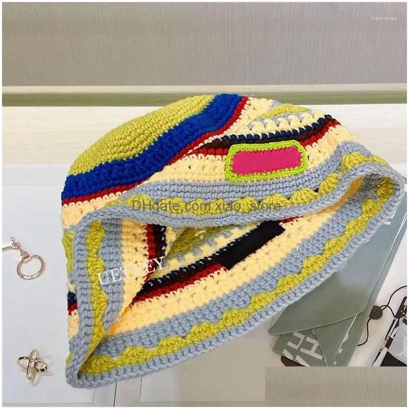 berets women cotton cloghet skull cap handmade knit cutout striped beanie bucket hat designer luxury