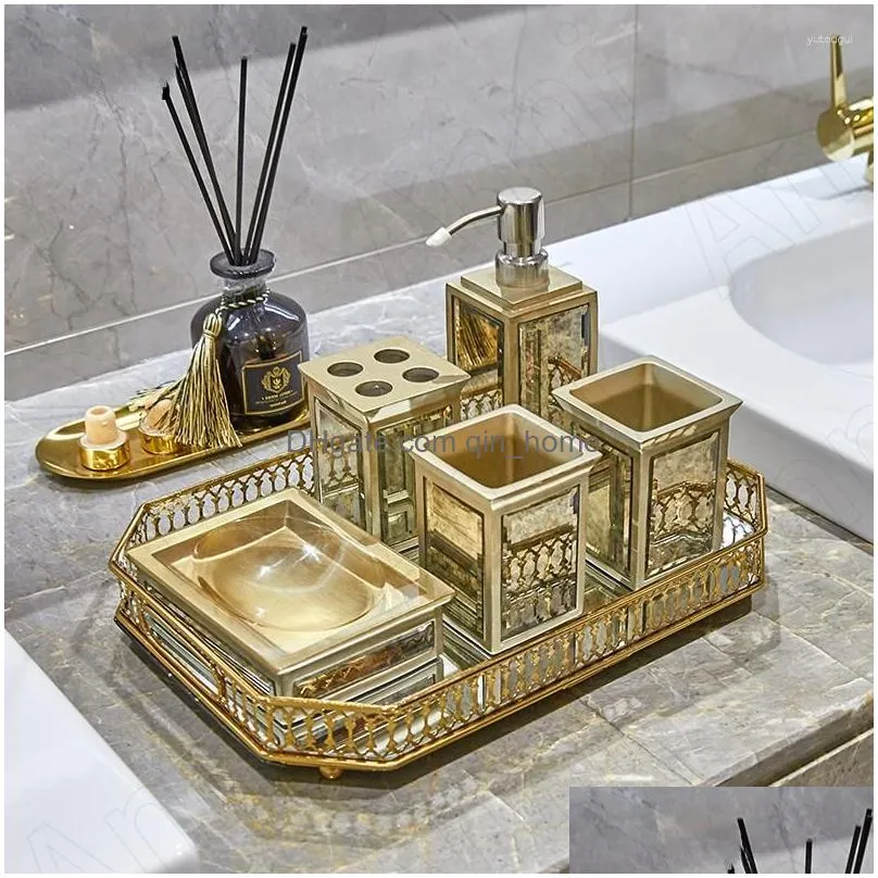 bath accessory set creativity glass mirror resin bathroom european vintage gilded five piece wash shower accessories restroom