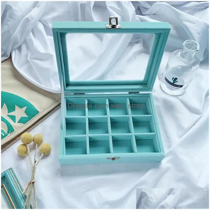 jewelry pouches 12 grid flannel organizer box transparent window dustproof case for necklace earrings ring storage display tray