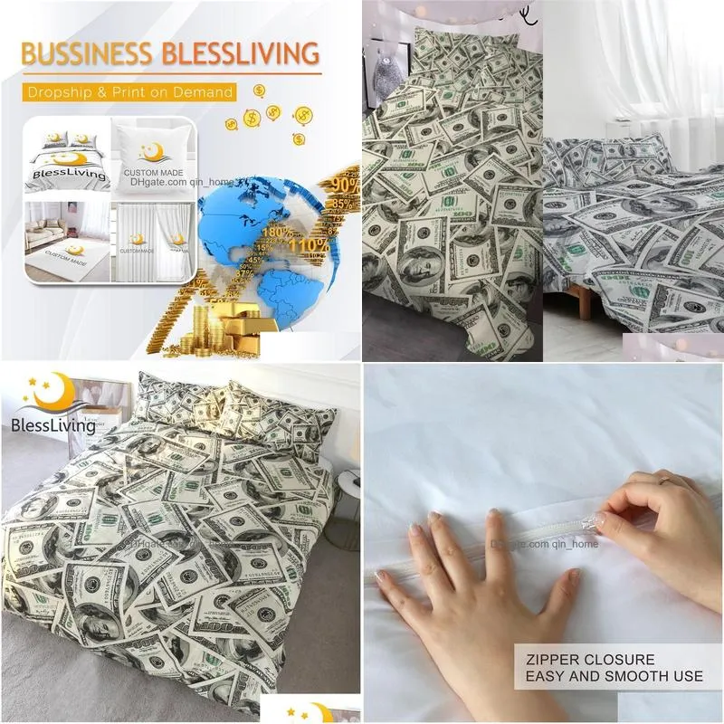 sets blessliving 3d modern bedding set dollar motif printed duvet cover vivid comforter cover 3 pieces money pattern bed set dropship