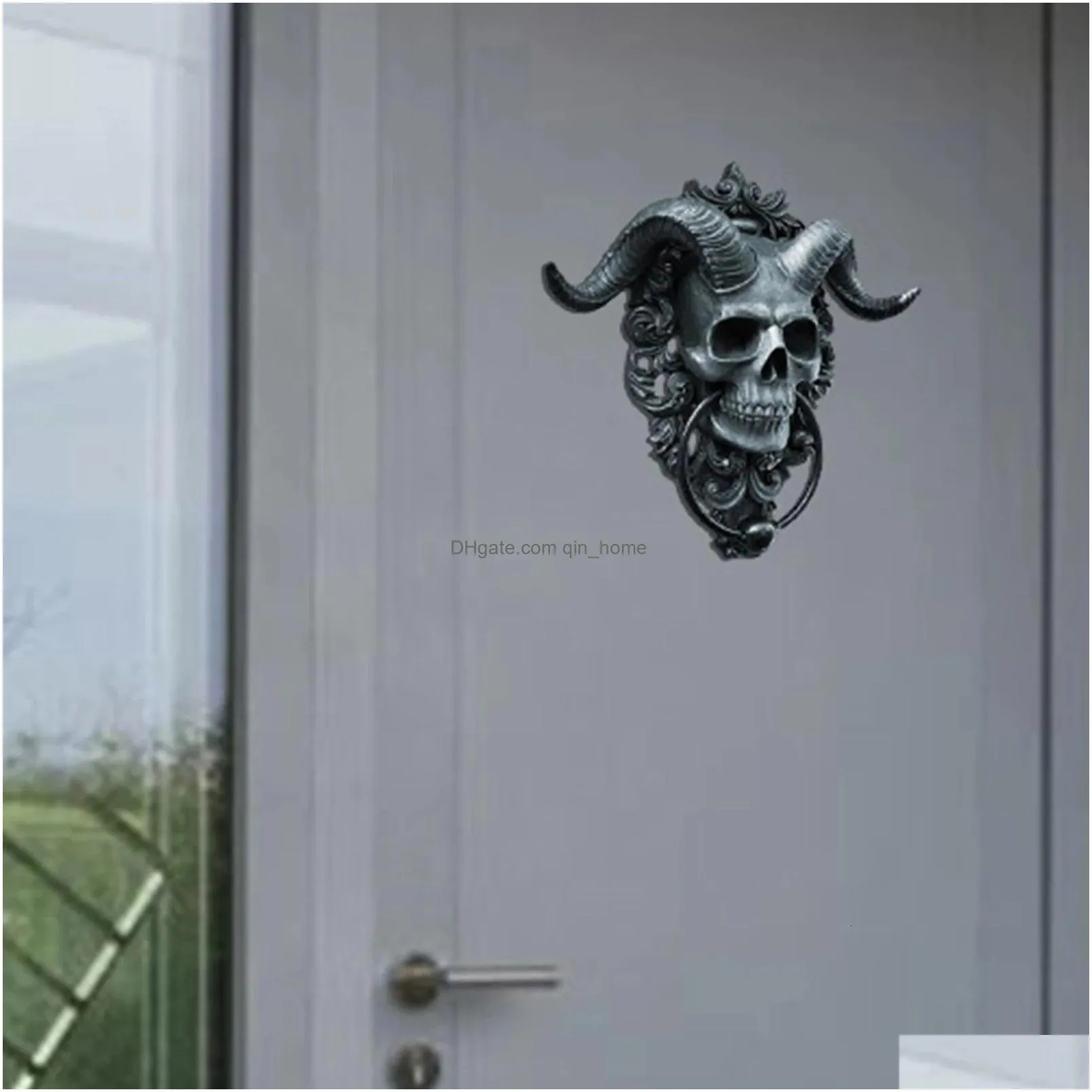 skeleton head door knocker decor resin goat-headed figure hanger 3d resin punk satan skull sheep head statue wall pendant crafts