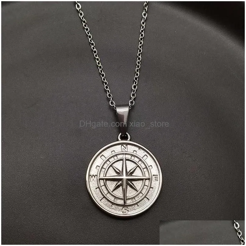 hip hop rock women men compass pendant necklace choker vintage titanium stainless steel round coin 18k gold and silver color fashion chain jewelry punk