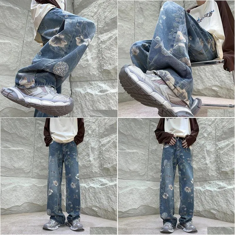 mens jeans mens fashion printed jeans autumn floral denim mopping trousers korean style high street loose hip hop wide-leg jean pants