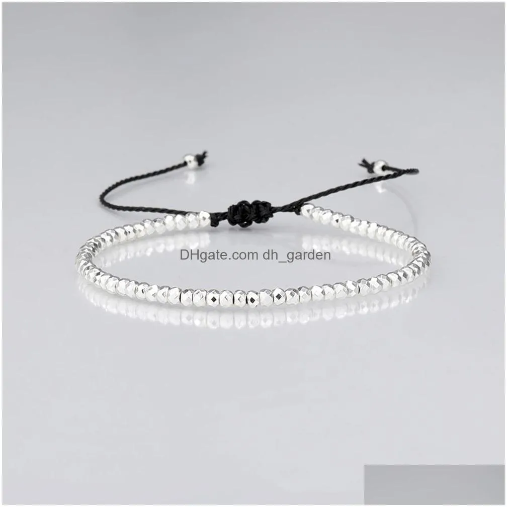 Charm Bracelets 2Mm Handmade Braided Rope Couple Hematite Beads Charm Bracelets For Women Men Sier Gold Black Beaded Bracelet Jewelry Dhbqx