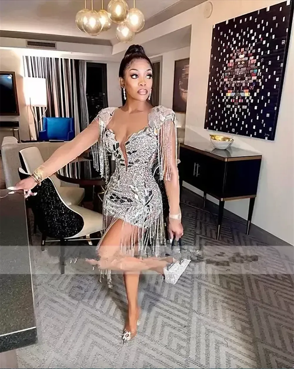 Sparkly Silver Celebrity Dress Prom Dresses For Black Girls Sexy Mini Cocktail Gown Beaded Tassels Party Homecoming Gowns