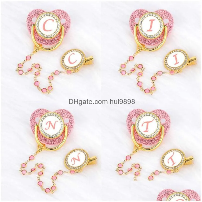 pacifiers pink zircon deluxe clip 26 letters neonatal personalized bracket silicone baby nipple no bpa g220612