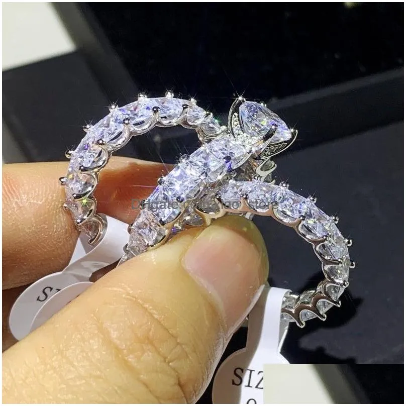 ins top sell stunning luxury jewelry 925 sterling silver princess cut white topaz cz diamond stack eternity women wedding band ring