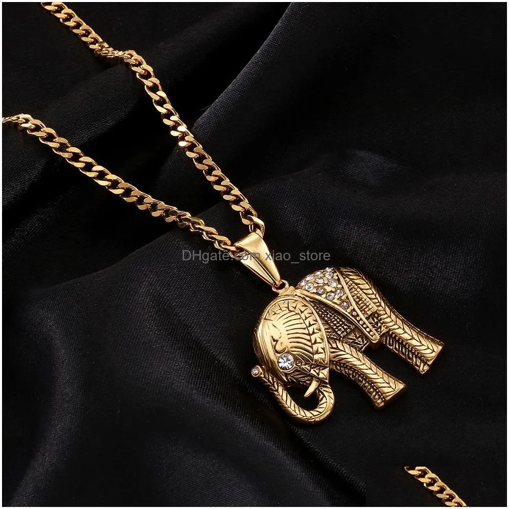  hip hop antique brass antique silver bling diamond elephant pendant necklace stainless steel rapper jewelry gifts for men and women