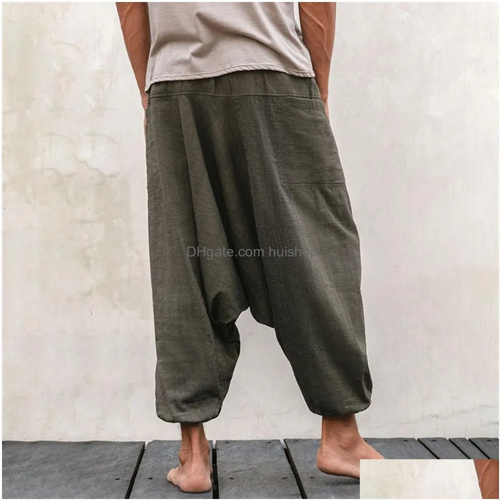 mens pants cotton and linen casual solid color bloomers mens hip-hop street nine-point sports pants retro fashion simple loose yoga pants