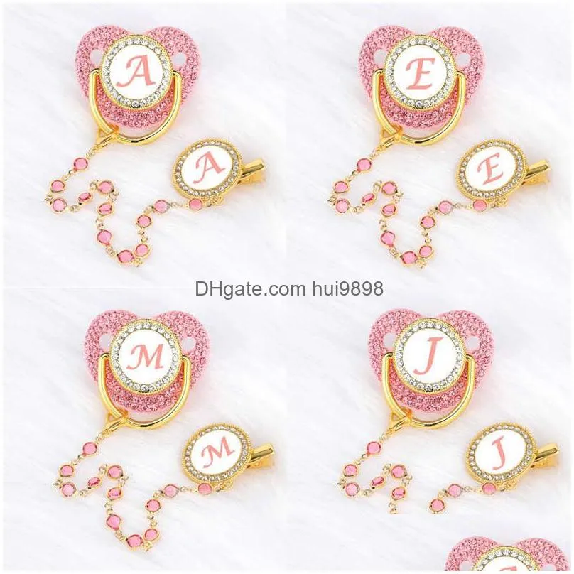 pacifiers pink zircon deluxe clip 26 letters neonatal personalized bracket silicone baby nipple no bpa g220612