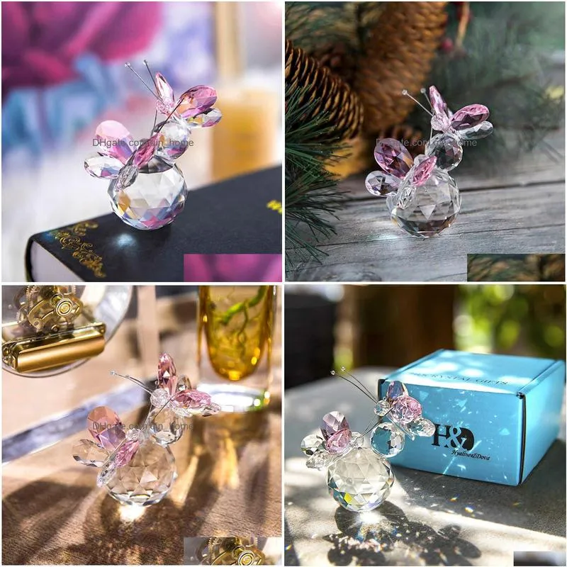 h d crystal flying butterfly figurine with crystal ball base art glass animal paperweight decor for office table home xmas gift 210607