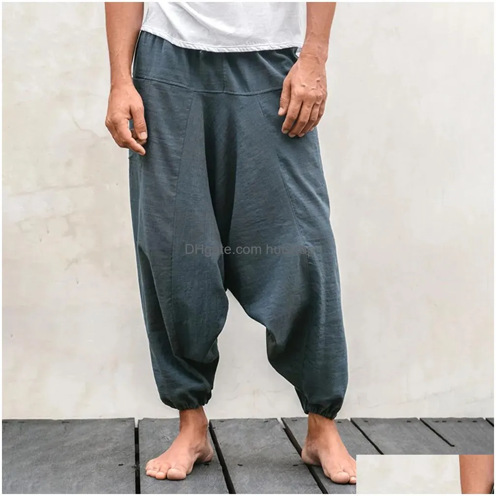 mens pants cotton and linen casual solid color bloomers mens hip-hop street nine-point sports pants retro fashion simple loose yoga pants