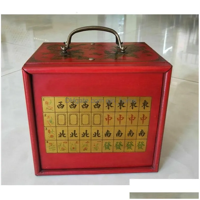 decorative objects figurines portable retro mahjong 144 tiles game mah-jong set in wood 5 drawer draw box 230804