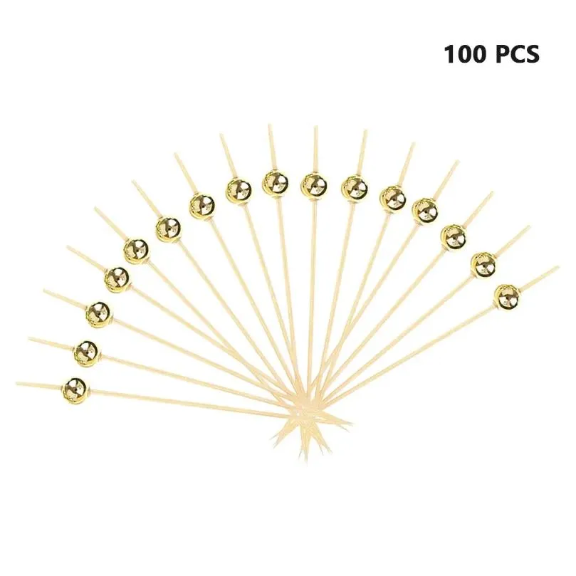 forks 100pcs 12cm gold beads bamboo fruit sticks salad snack fork cocktail decor cake buffet toothpicks wedding party supplies