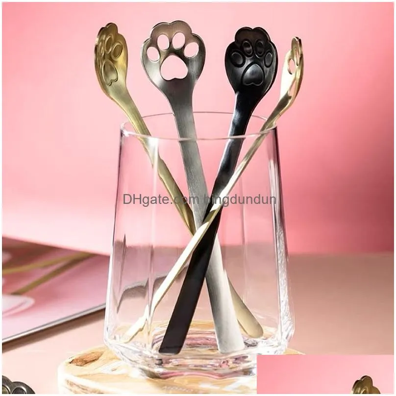 Spoons Hollow Cartoon Coffee Tea Spoon Stainless Steel Cat Dog Claw Dessert Ice Cream Tableware Dinner Ctery Set Kitchen Drop Delivery Dht3N