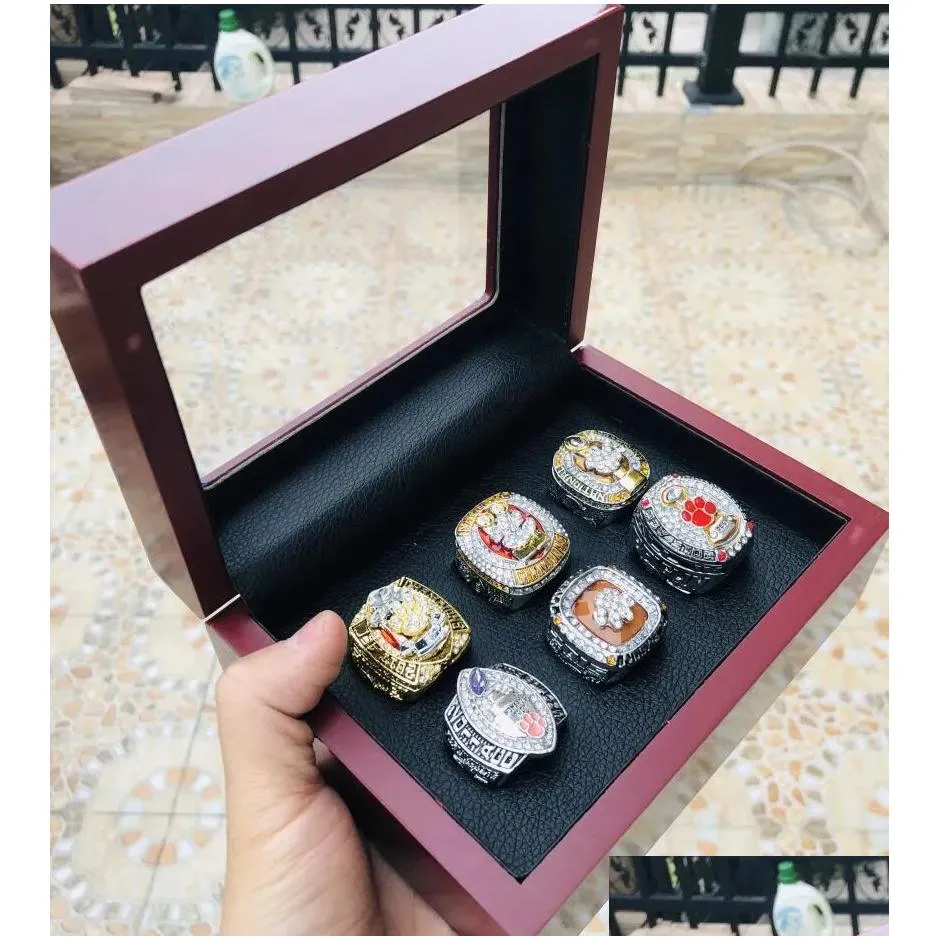 Cluster Rings 6 Pcs Clemson Tigers National Team Champions Championship Ring Set With Wooden Display Box Solid Men Fan Brithday Gift Ot2Hp