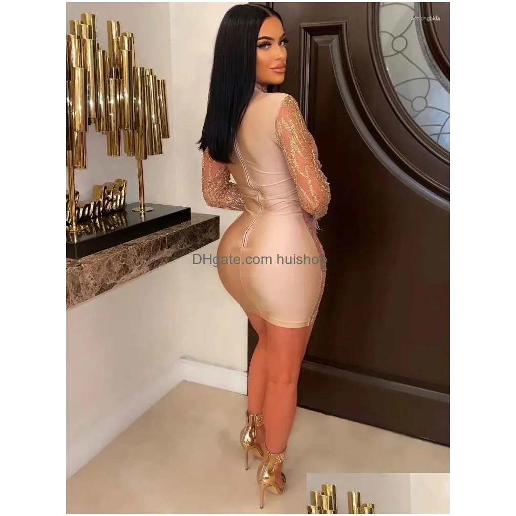 casual dresses sexy mesh see through gold sequin dress women party night elegant feathers long sleeve mini club birthday bodycon