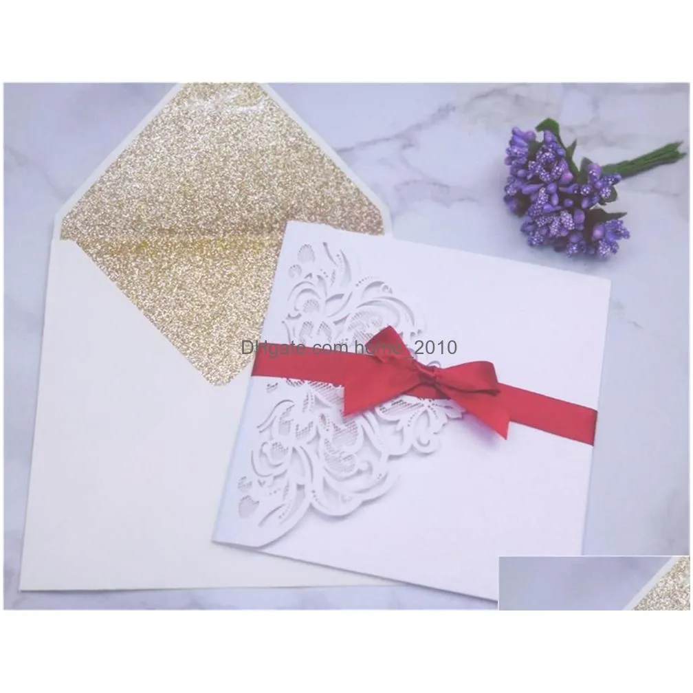 greeting cards wedding invitation card high-end suit laser cutout private custom ivory multi-color flash envelope bow ribbo provide