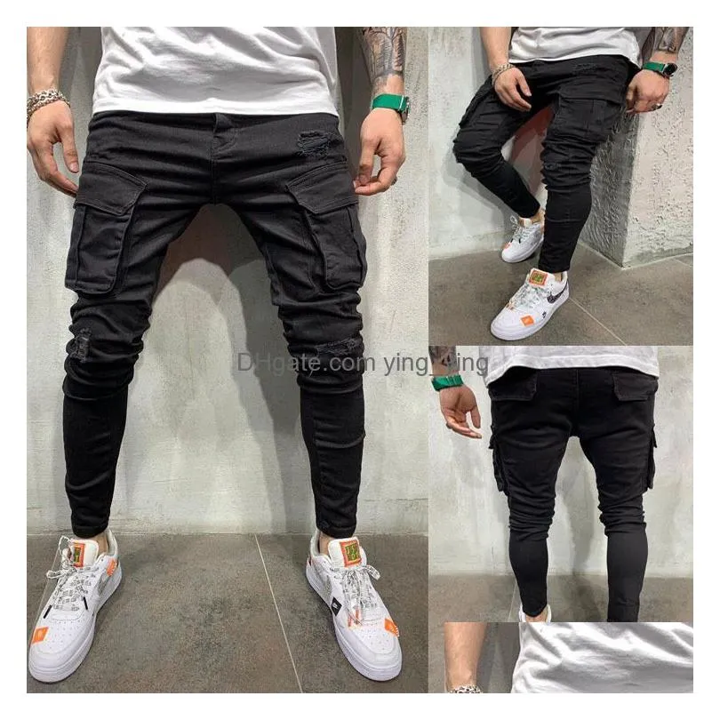 black men biker cargo jeans multi pocket slim fit joggers trousers male ripped hole motorcycle streetwear denim pencil pants