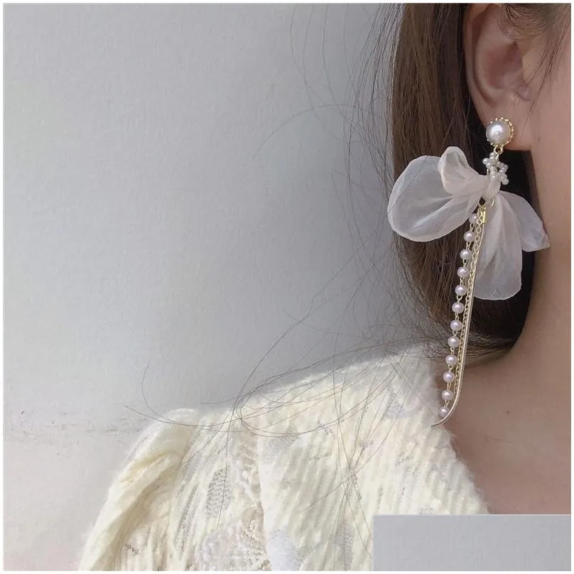 angel white bow tie stud earrings long pearl tassel ear pendant women vintage design korean style luxury earrings simple charm gift ear accessories