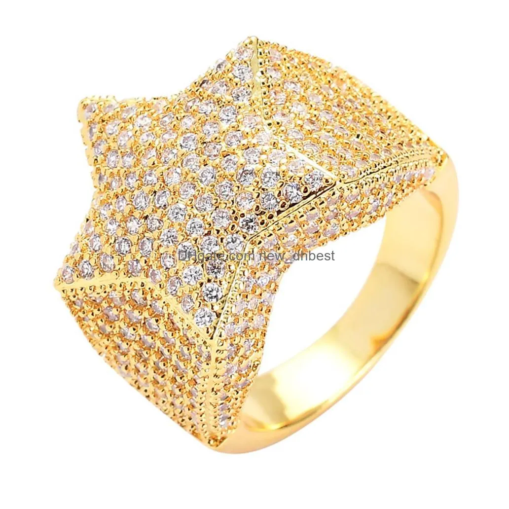 Cluster Rings Mens Hip Hop Star Rings 18K Real Gold Plated Bling Cubic Zircon Diamond Finger Ring Jewelry Gift248A Drop Delivery Jewe Dhut7