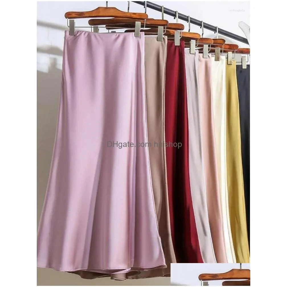 skirts womens long skirt 2024 fashion satin office lady elastic waist solid champagne purple red silk a-line for women