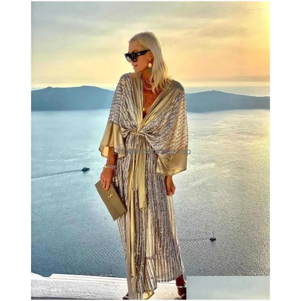 casual dresses vintage sequinwork women kimono cardigan summer batwing sleeve maxi long party dress elegant v-neck evening