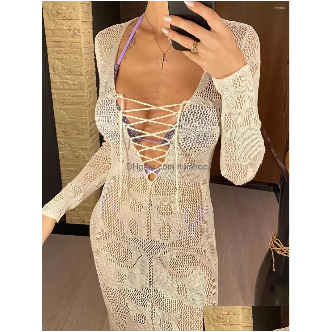 casual dresses deep v dress lace up long sleeve women split maxi cloghet knitted tunic mesh sheer sexy bodycon vestido v4146b