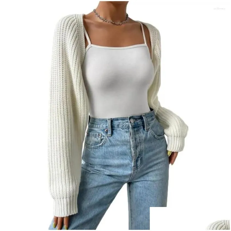 womens knits dz-dz women open front ribbed knit crop bolero drop shoulder long sleeve solid loose fit knitted cardigan shrug