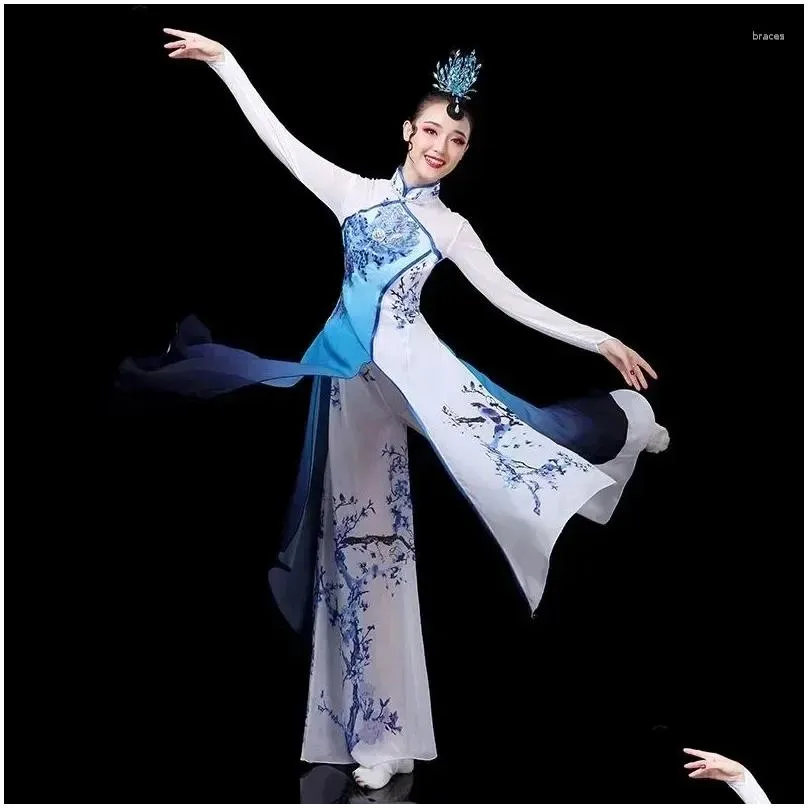 stage wear traditional chinese vintage hanfu women flower print qipao dress ancient folk dance streetwear performance
