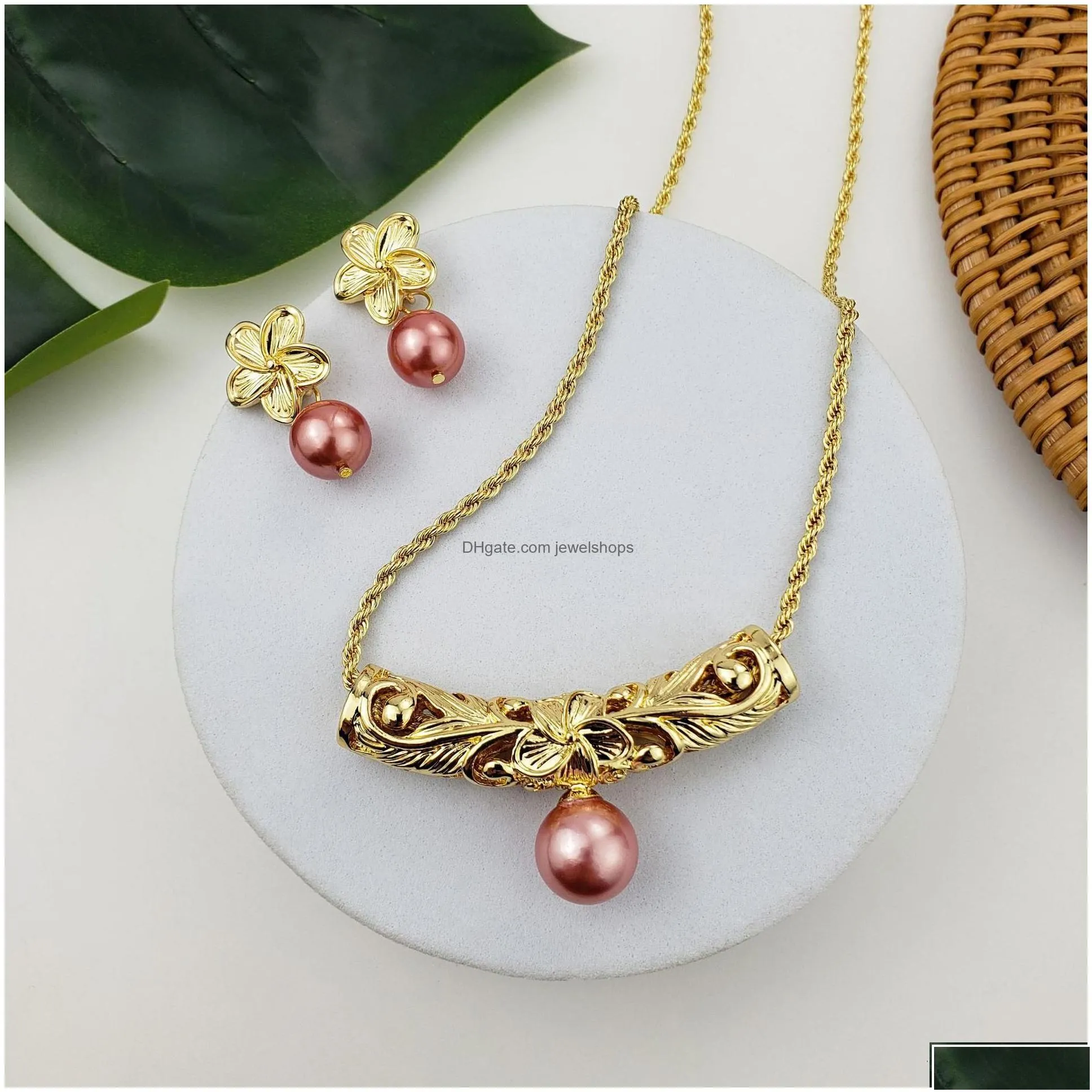 Earrings Necklace Hawaiian Gold Hibiscus Plumeria Flower With Chain Shell Pearl Polynesian Barrel Floral Jewelry Sets For Women Drop