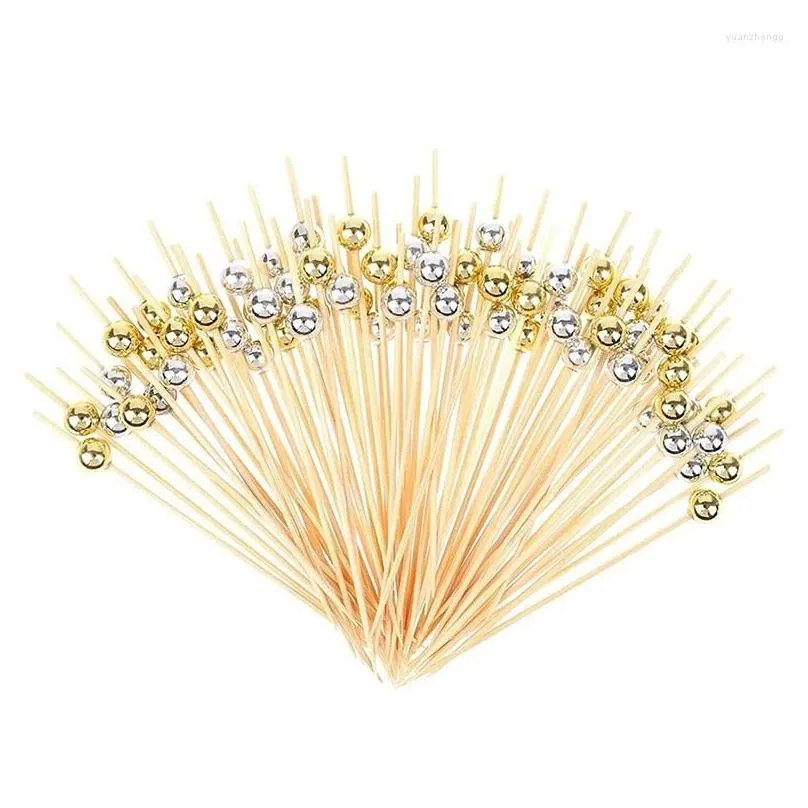 forks 100pcs 12cm gold beads bamboo fruit sticks salad snack fork cocktail decor cake buffet toothpicks wedding party supplies