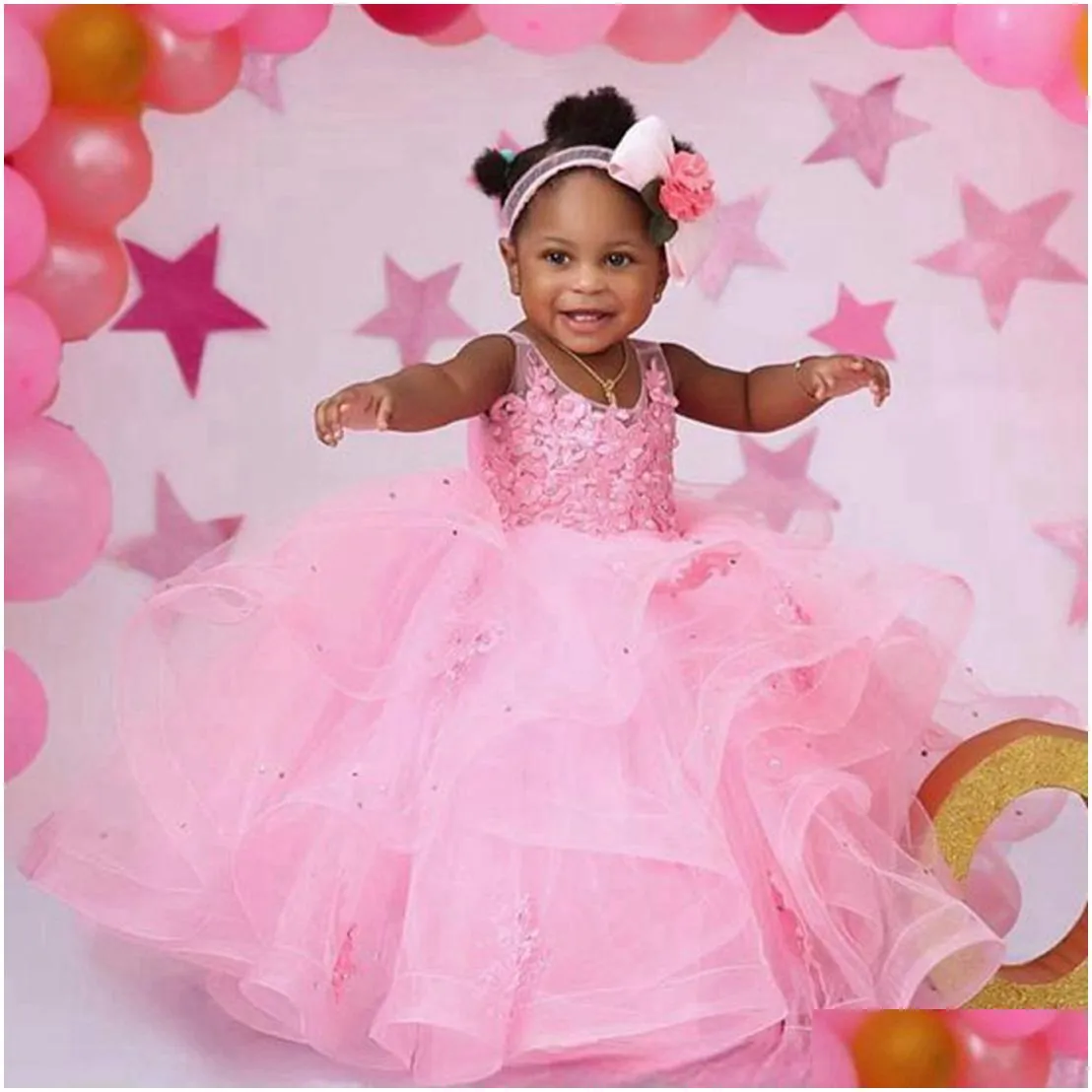 Flower Girls` Dresses Pink Little Kids Birthday Party Dresses Flower Girl Sheer Neck Appliqued Lace Tiered Tle Beaded Flowergirl Dress Otbki