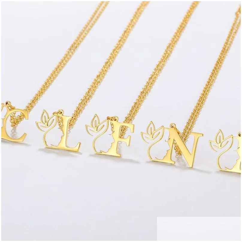 Pendant Necklaces Beauty Flower Initial Necklace Women Girl Gifts Stainless Steel Gold Color Letter Pendant Choker Alphabet Jewelry Dr Ot0Ed