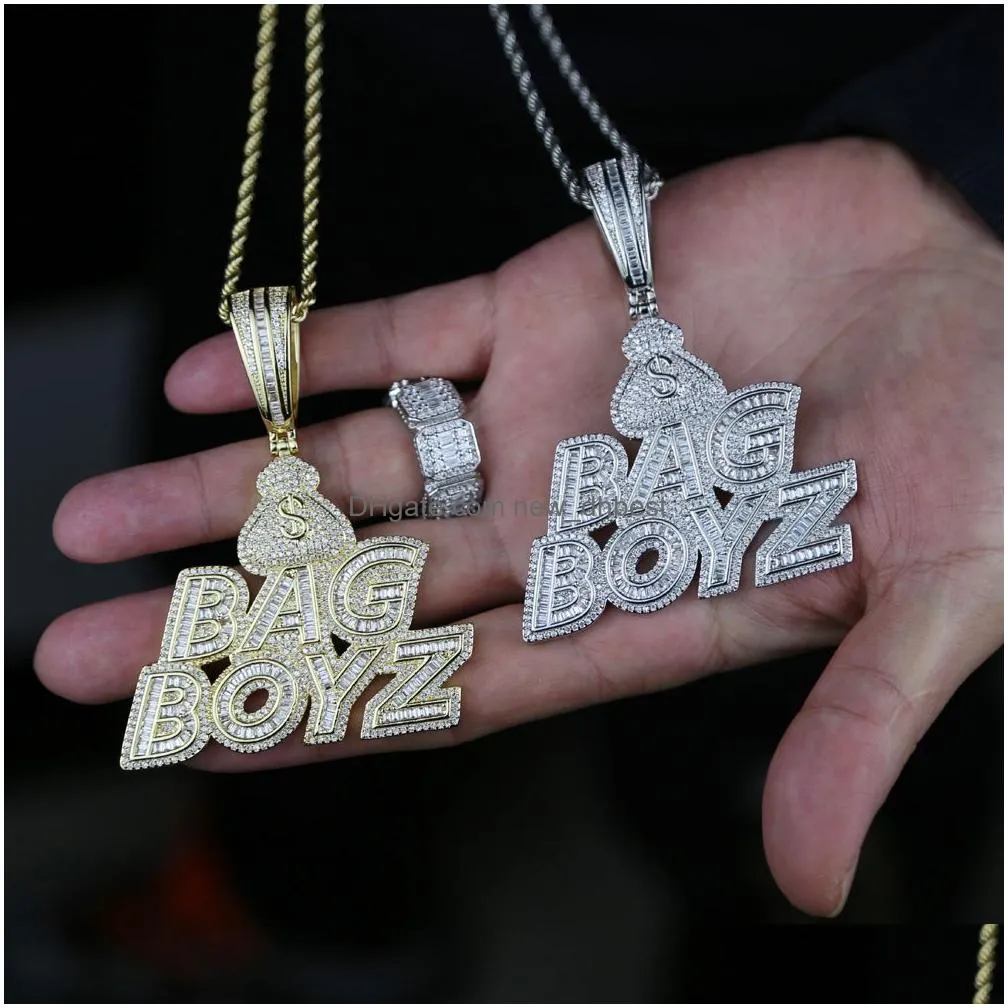 Pendant Necklaces New Cz Letters Bag Boyz Pendant Necklace Iced Out Bling 5A Cubic Zircon Dollar Symbol Money Charm Fashion Hip Hop Me Dh4Mb