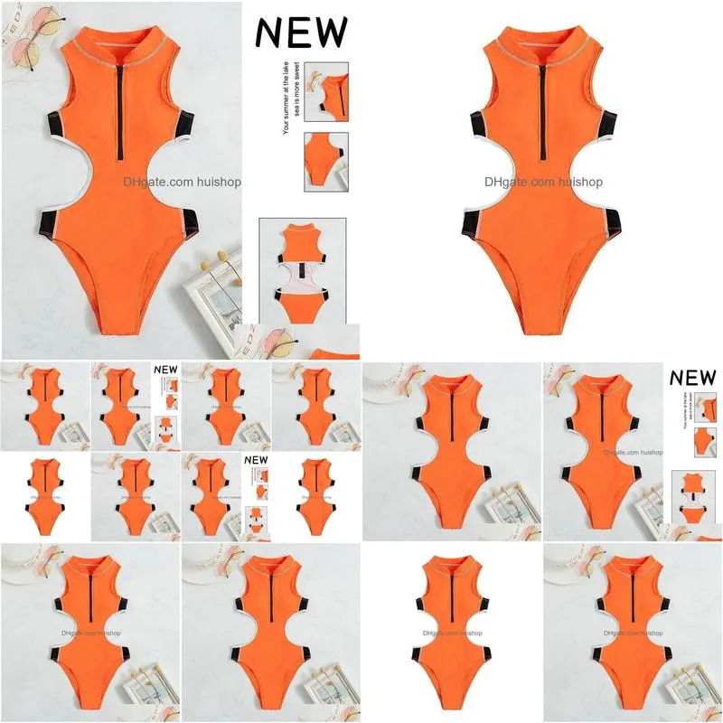 womens swimwear zipper solid color sexy one-piece swimsuit womens 2023 continuously empty wetsuit bikini swimsuit