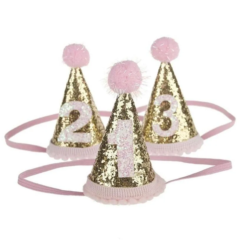 hair accessories 1/2/3 birthday party hats headband crown princess prince headdress baby shower kids decoration 20 colors drop deliv