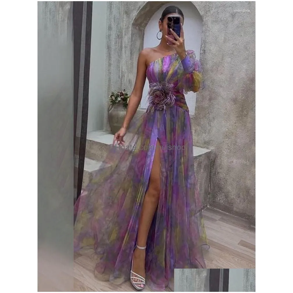 casual dresses elegant pleated flower print dress women fashion one shoulder sleeve waisted long robes vestidos 2023 lady evening