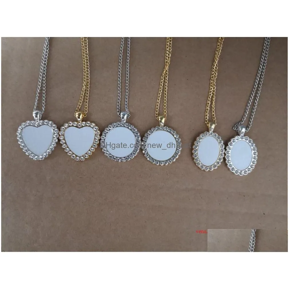 Pendant Necklaces Sublimation Blank Necklaces Pendants With Drill Woman Necklace Pendant Transfer Printing Consumable Materials 15Pcs Dhhpt