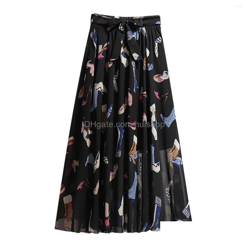 skirts womens bohemian mid-length high skirt chiffon floral waist beach dress belly dance