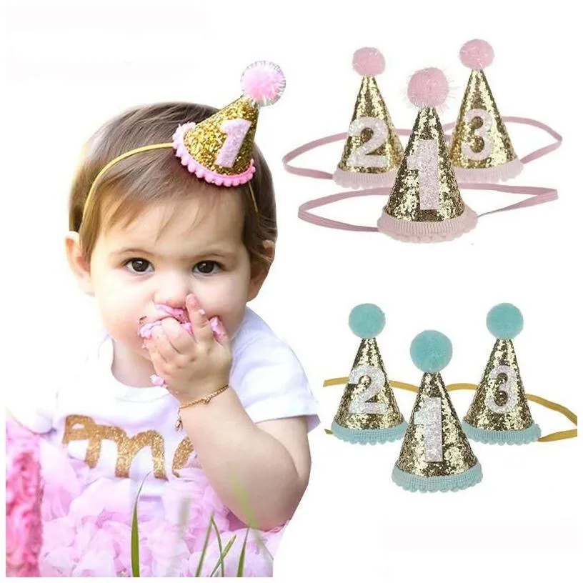 hair accessories 1/2/3 birthday party hats headband crown princess prince headdress baby shower kids decoration 20 colors drop deliv