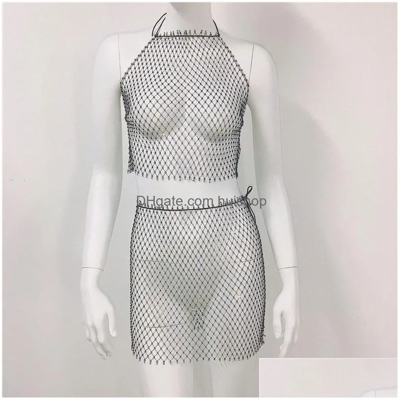 womens swimwear women mesh fishnet cover up mini skirt set sexy hollow-out bikinis cover-ups beach rhinestones swimsuit wrap