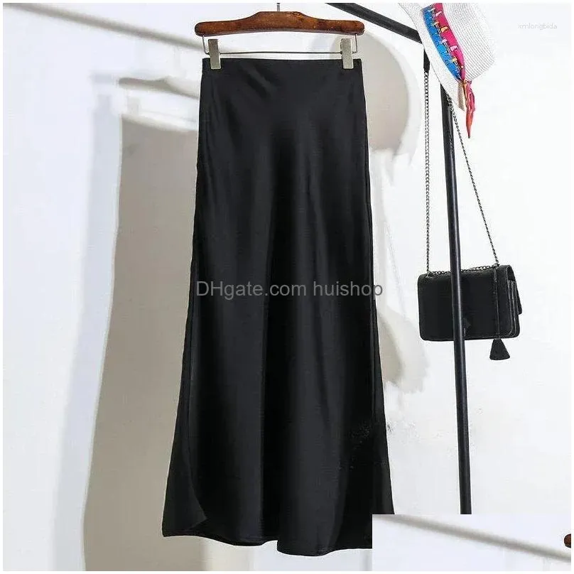 skirts womens long skirt 2024 fashion satin office lady elastic waist solid champagne purple red silk a-line for women