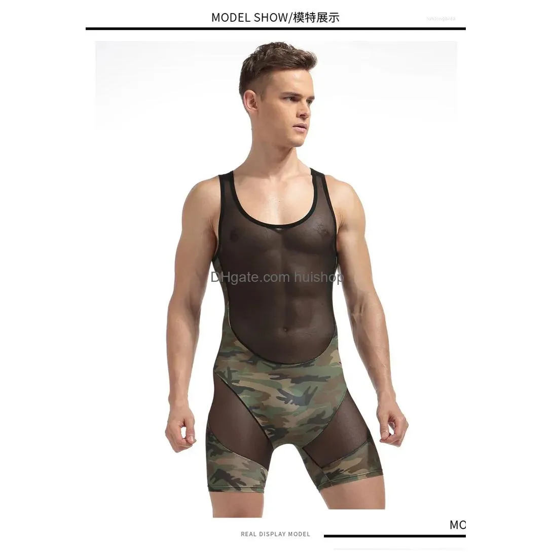 mens body shapers mesh breathable underwear camouflage transparent bodywear wrestling suit siamese panties buttons mens bodysuit