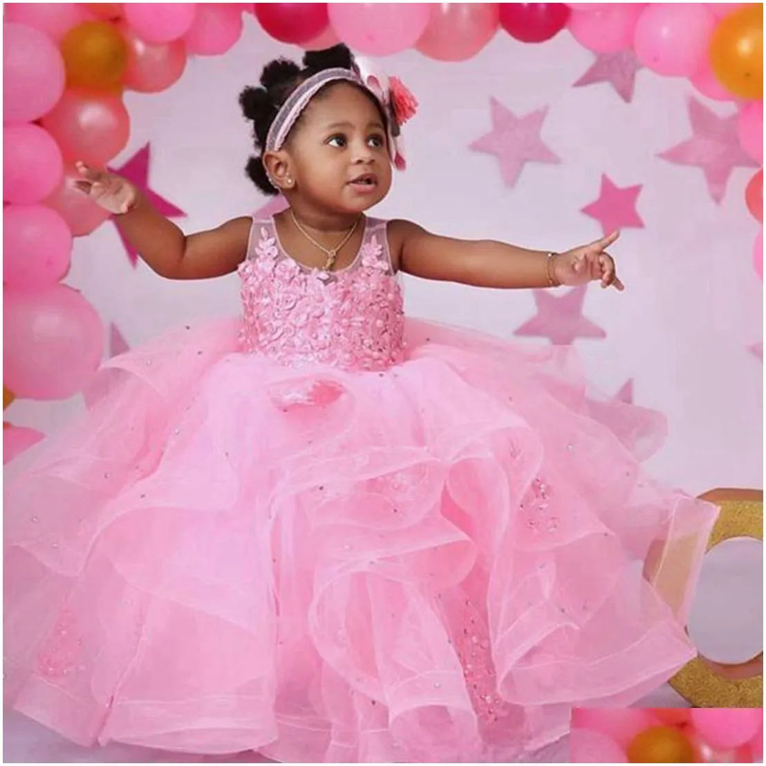 Flower Girls` Dresses Pink Little Kids Birthday Party Dresses Flower Girl Sheer Neck Appliqued Lace Tiered Tle Beaded Flowergirl Dress Otbki
