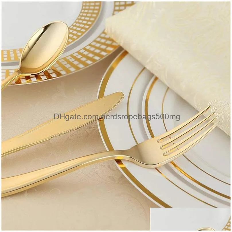 Disposable Dinnerware Golden Sier Rose Gold Knife And Fork Spoon Plastic Tableware Set Birthday Party Wedding Supplies Drop Delivery Dhexb