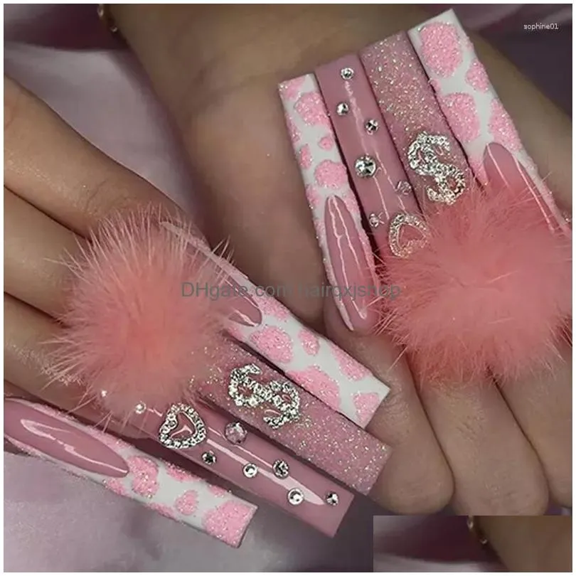 False Nails Pink Candyfloss Ball Diamond Ballerina Long Press On Heart Shape Fake Sets Wearable Fl Er Art Tips Drop Delivery Dhshb